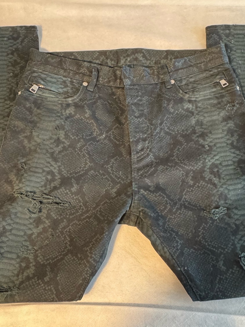 Balmain Paris  Distressed Python Print Biker Jeans Luxury Designer Denim Size 33